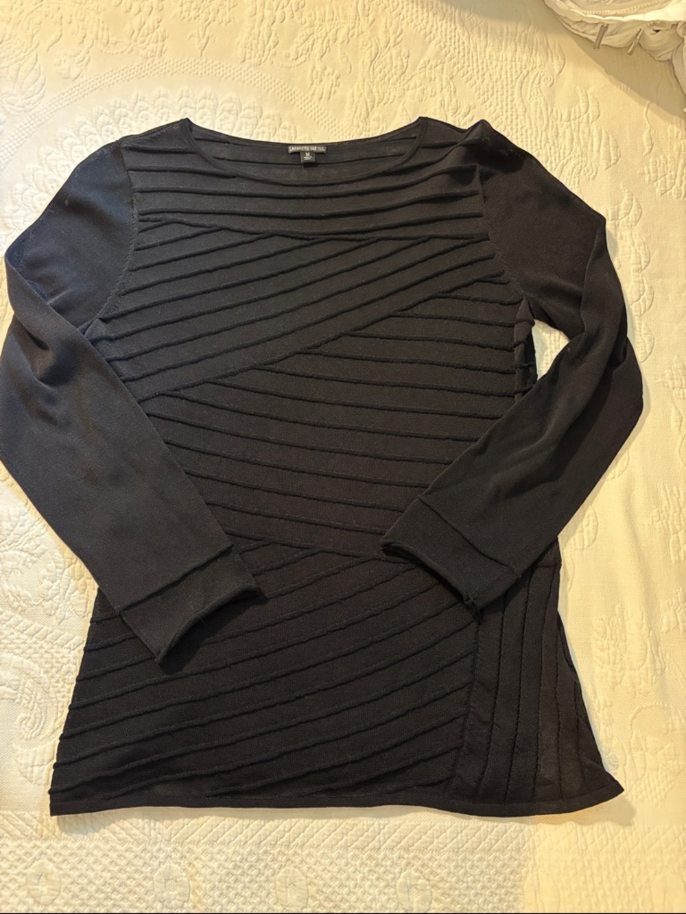 Lafayette 148 New York Black Diagonal Ribbed Long Sleeve Top